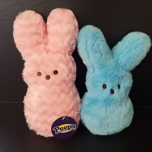 Peeps Bunny Pink & Blue Furry Plush Easter Rabbit Stuffed Animal Lot of 2